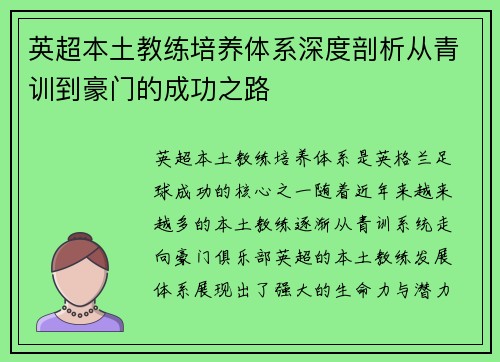 英超本土教练培养体系深度剖析从青训到豪门的成功之路