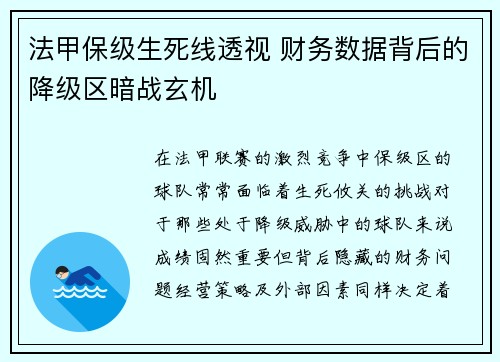 法甲保级生死线透视 财务数据背后的降级区暗战玄机